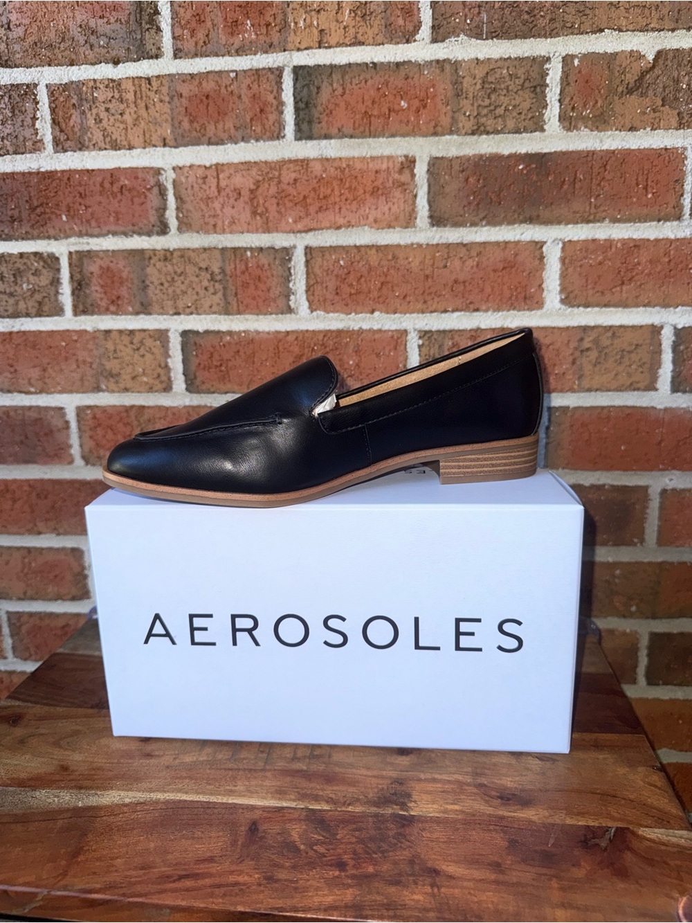 AEROSOLES Everest Black Leather Loafer with Tan Outsole